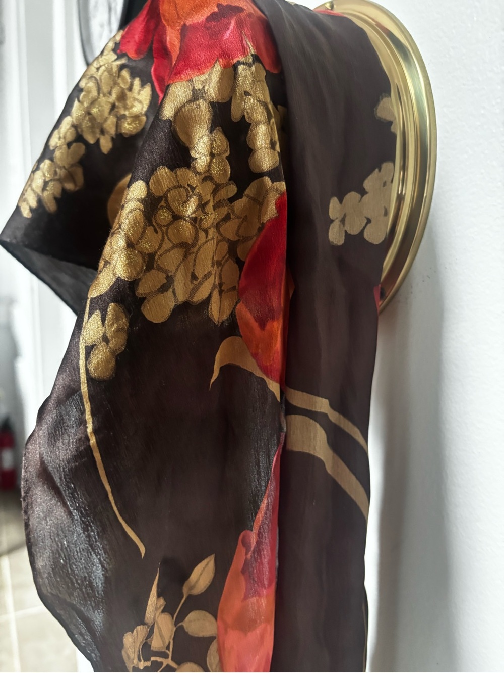 Jones New York Black silk Scarf with Red Floral Designe